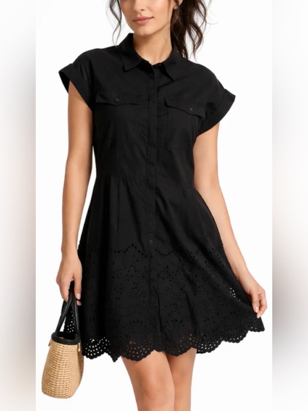 Zara Black Eyelet Shirt Dress Size Medium